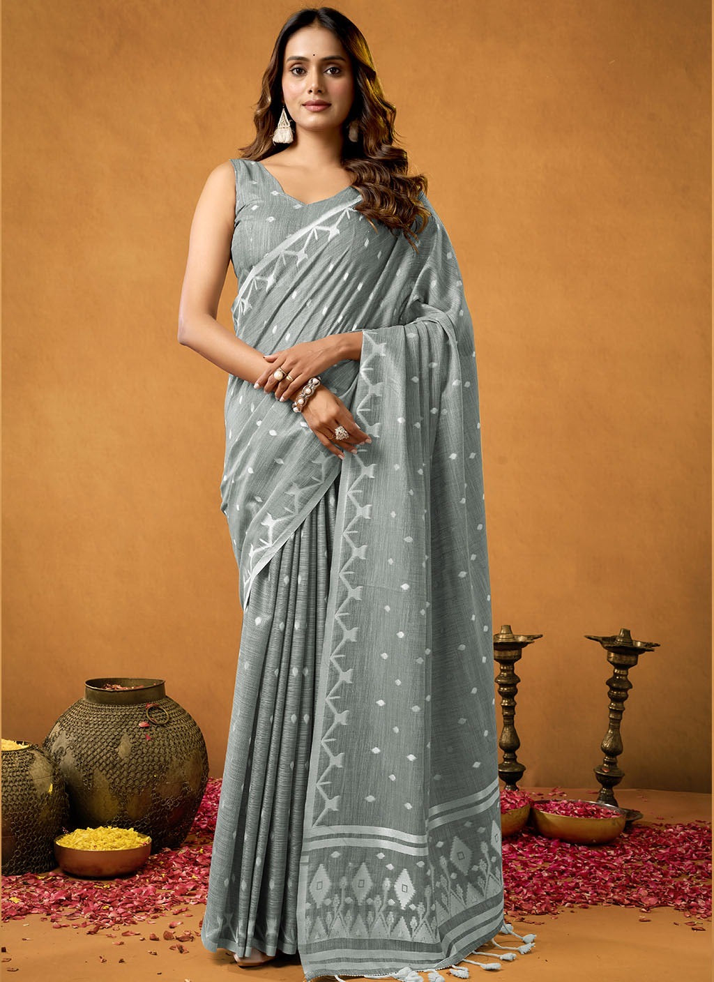 Pure Cotton Spun Diamond Jamdani Weaving Saree