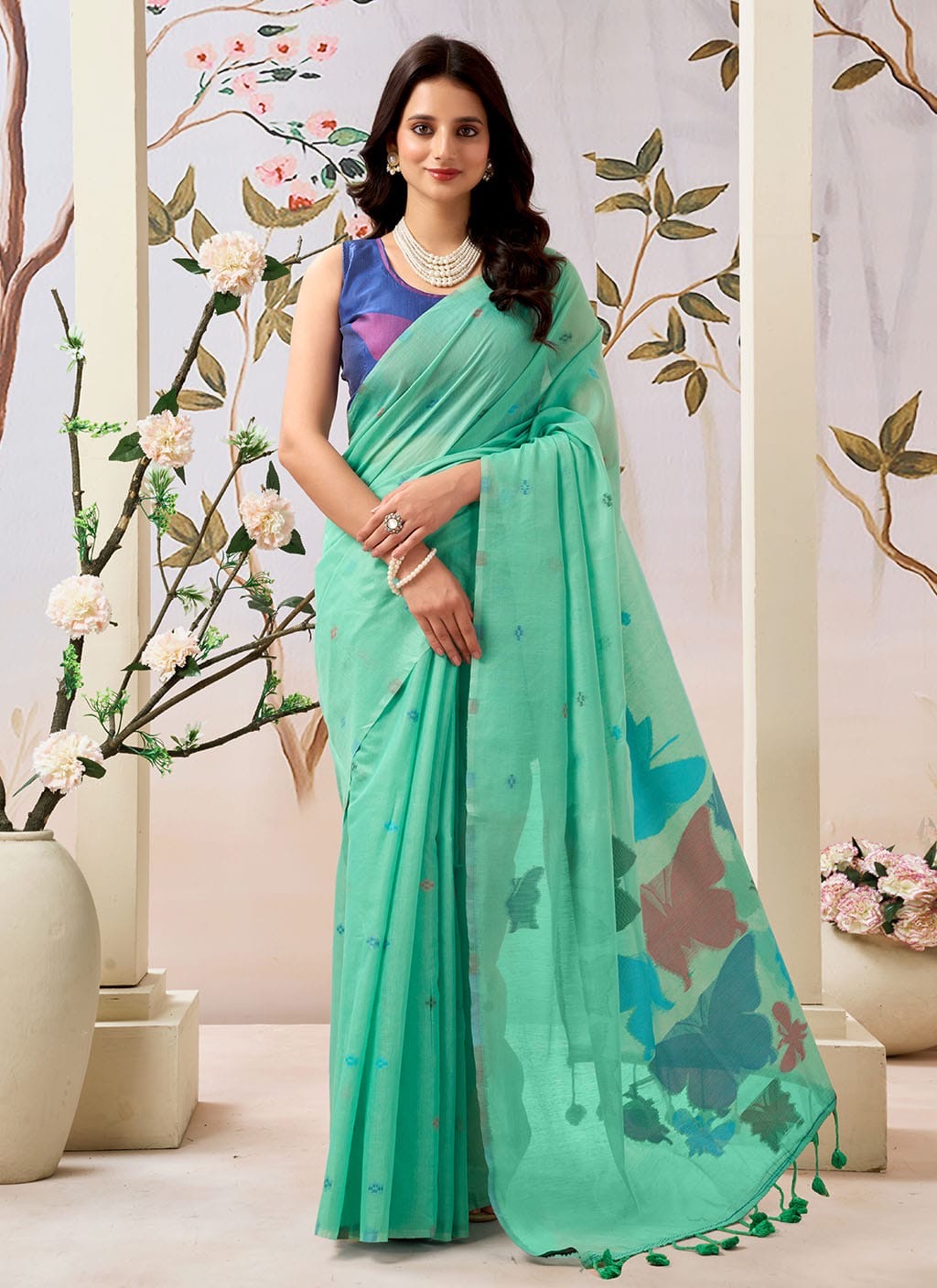 Butterfly weaving Pure Mul Cotton Saree