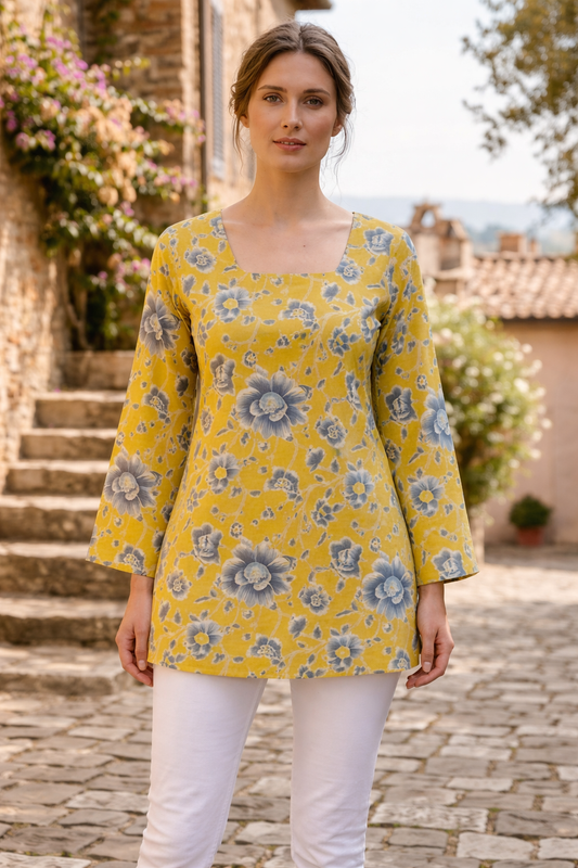 mustard yellow floral kurti front view