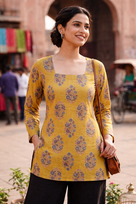 mustard printed kurti front view