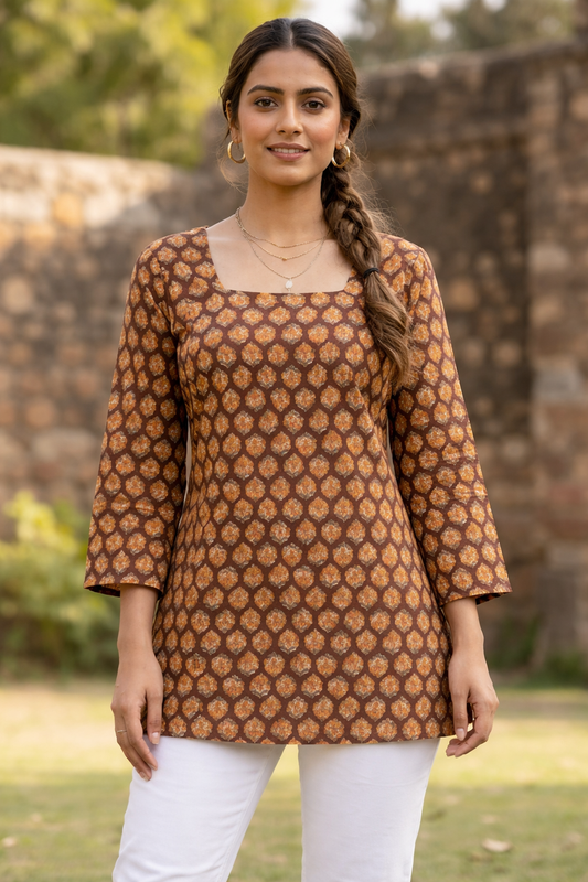 brown printed kurti front view