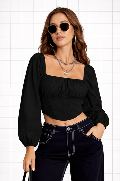 black corset style top for women back view long sleeve top