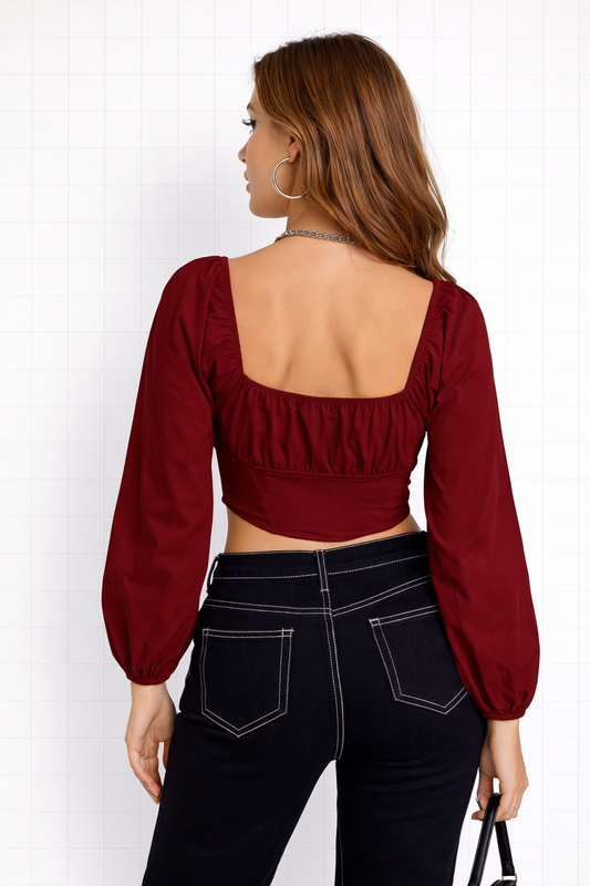 back view maroon long sleeve corset top for women fitted crop top