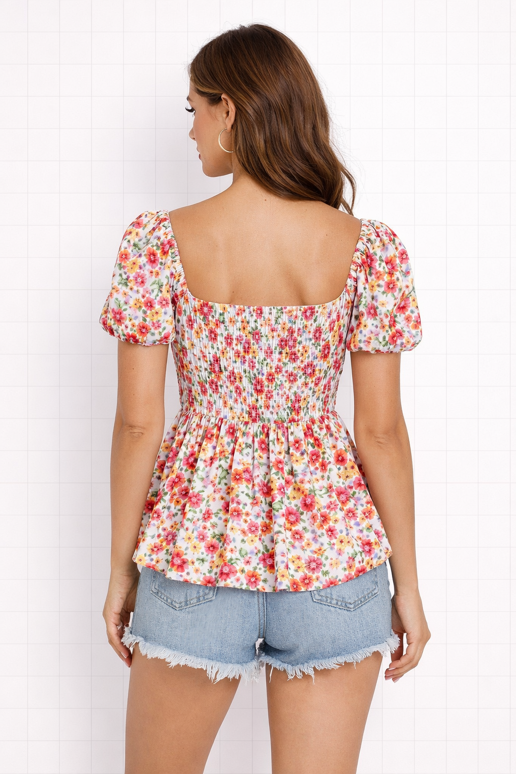 back view floral print short sleeve top for women peplum style
