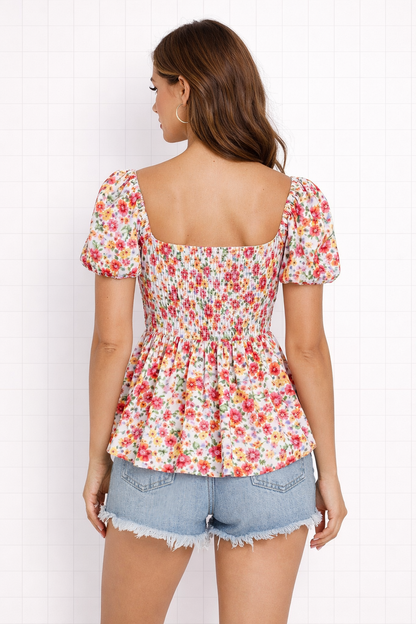back view floral print short sleeve top for women peplum style