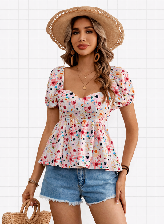 back view floral print short sleeve top for women peplum style