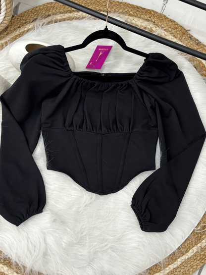 Black Solid Long Sleeve Corset Top