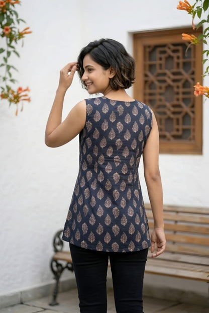 Navy Blue Leaf Print Cotton Kurti Top