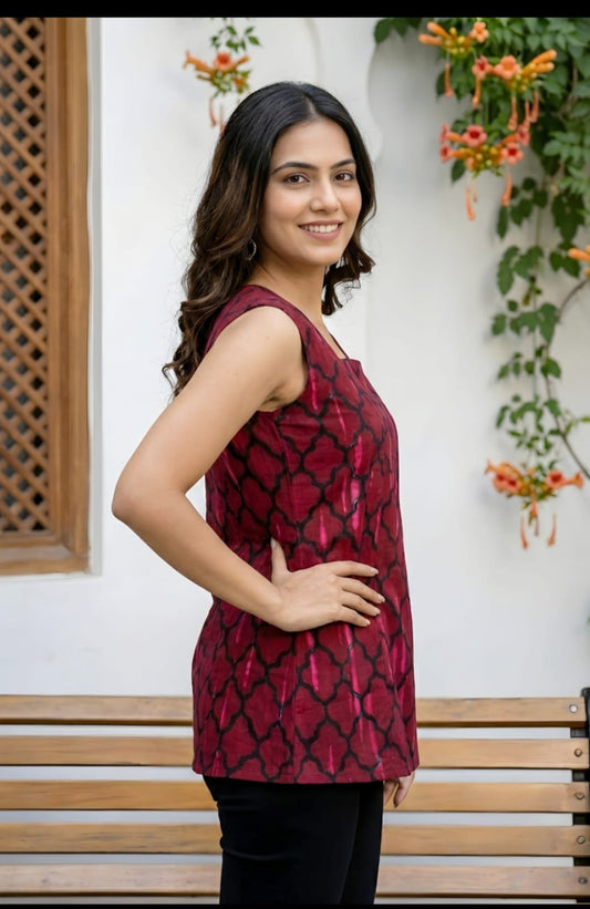 Maroon Geometric Print Sleeveless Cotton Kurti Top