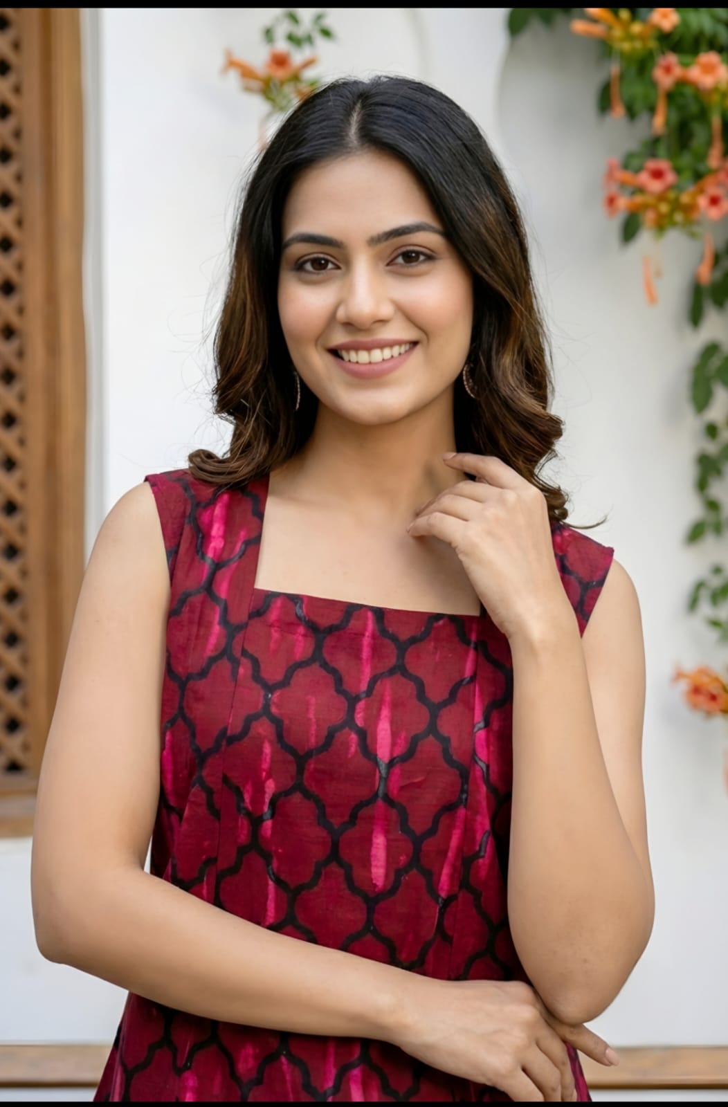 Maroon Geometric Print Sleeveless Cotton Kurti Top