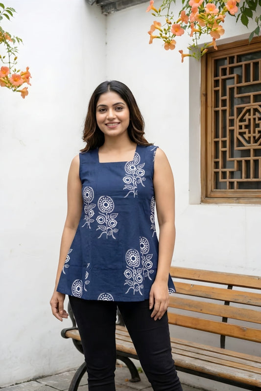 Indigo blue ethnic print sleeveless cotton kurti top for women