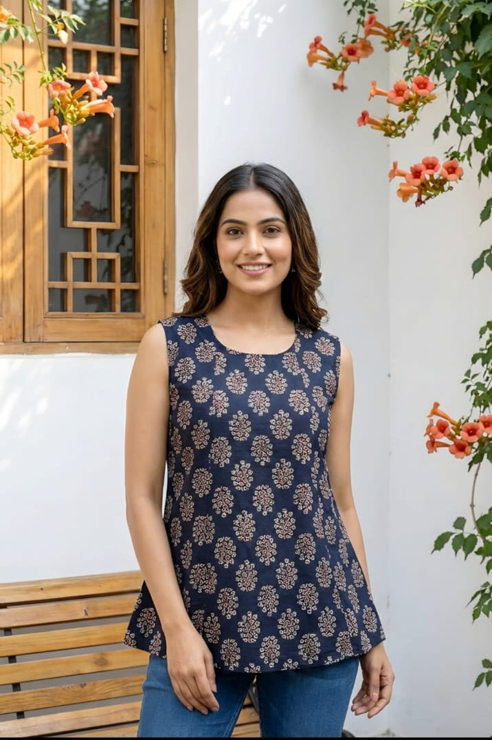 Blue Gold Buti Print Sleeveless Cotton Kurti Top