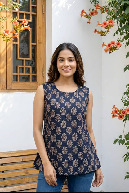 Blue Gold Buti Print Sleeveless Cotton Kurti Top