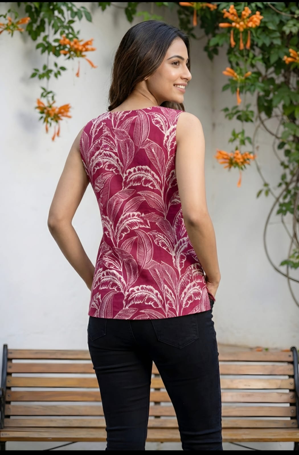 Pink Tropical Leaf Print Cotton Kurti