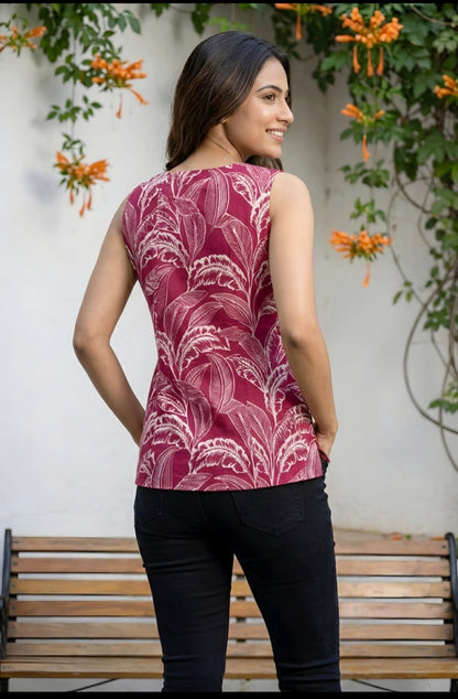 Pink Tropical Leaf Print Cotton Kurti