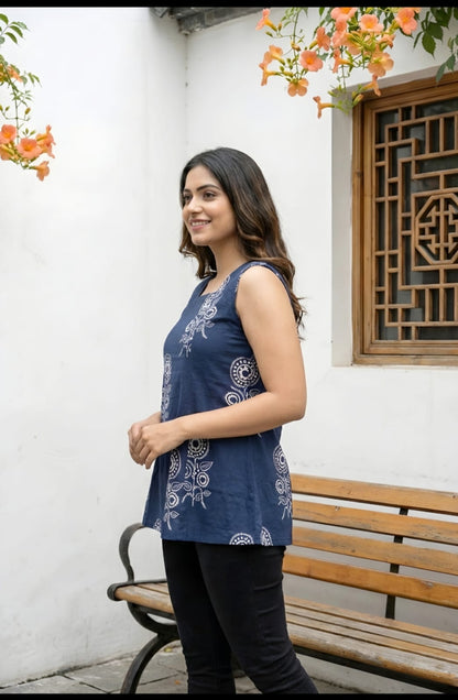 Indigo Blue Ethnic Print Sleeveless Cotton Kurti Top
