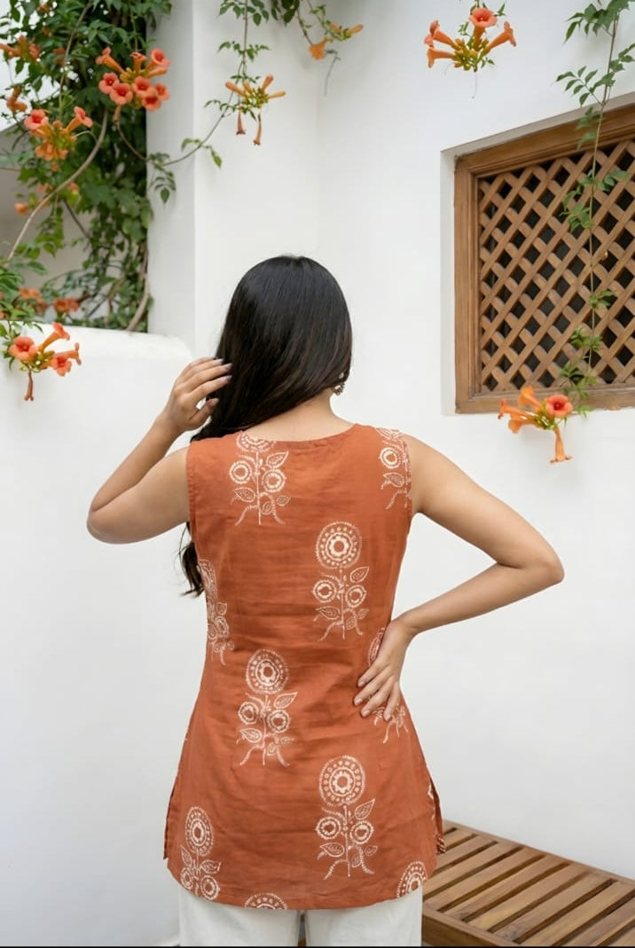 Rust Ethnic Print Sleeveless Cotton Kurti Top