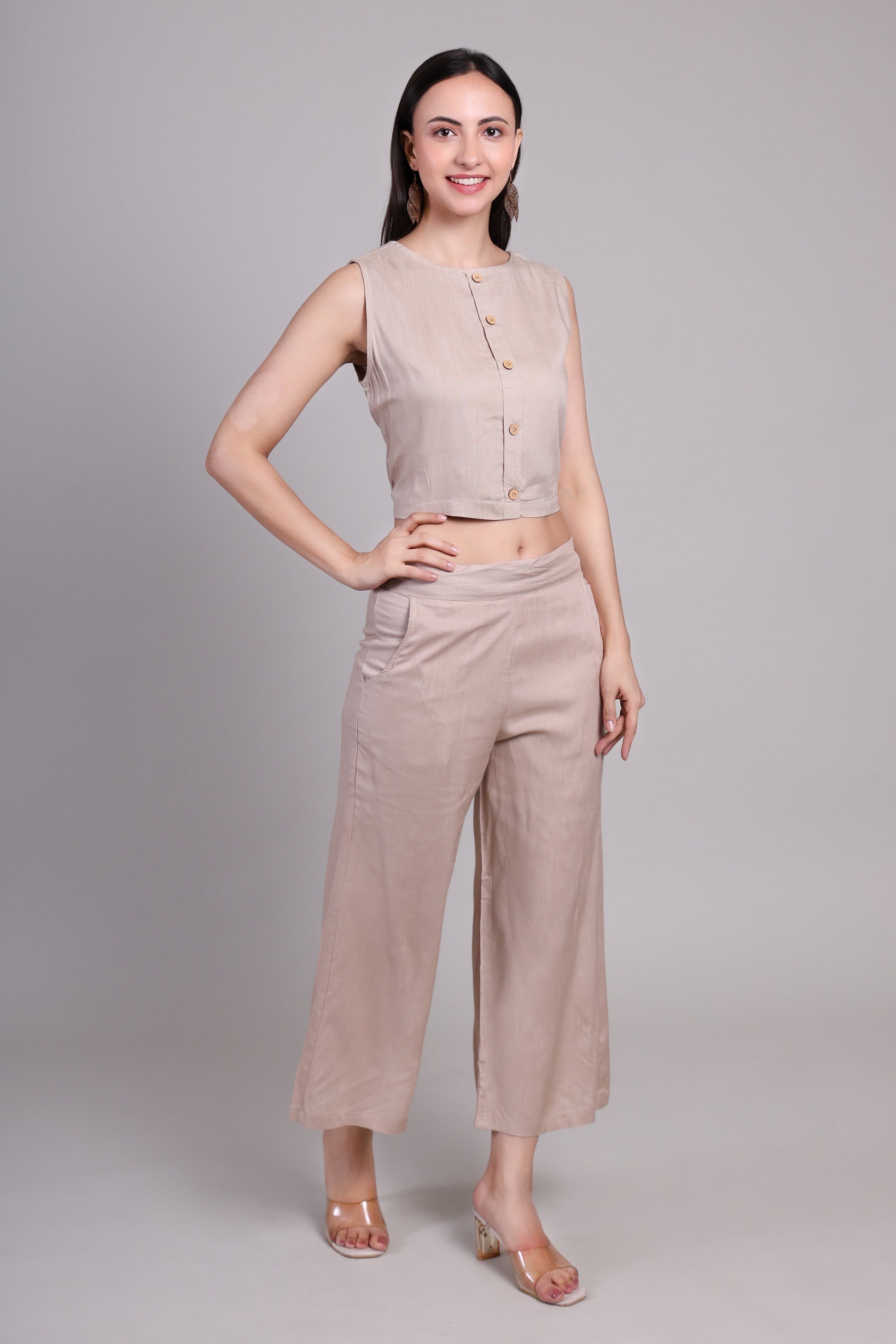 Akusha Beige LinenAura: Crop top linen pants Coord set S
