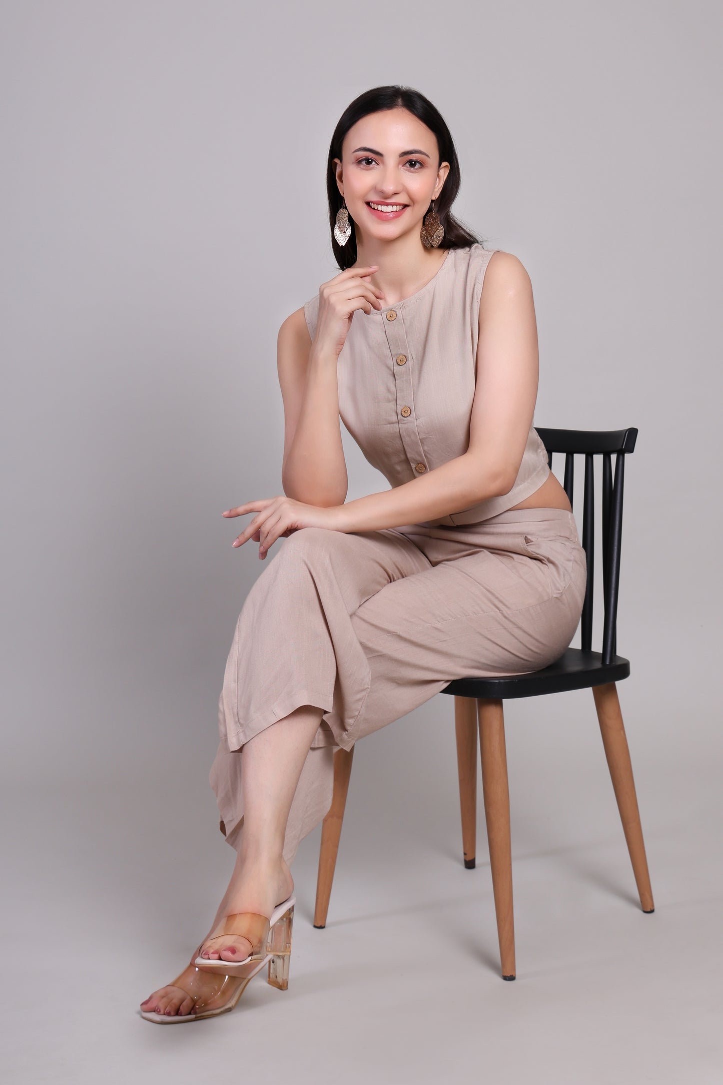 Akusha Beige LinenAura: Crop top & linen pants Coord set