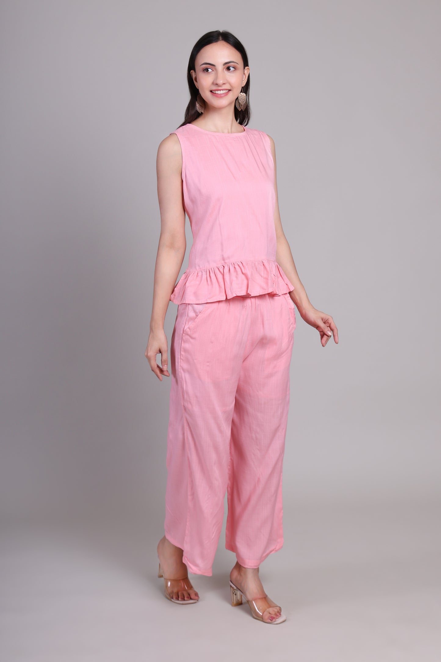 Akusha Linen Luxe: Ruffled Crop & Wide-Leg Set- Pink