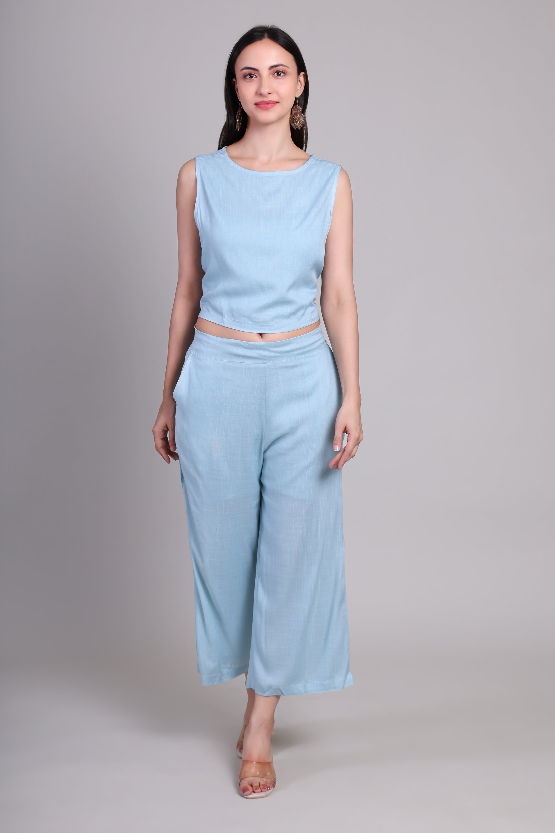 Akusha Light Blue LinenAura: Crop top linen pants Coord set S