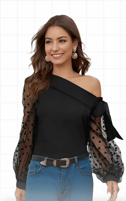 black one shoulder top for women with sheer polka dot sleeves