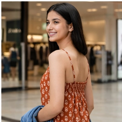 Rust orange sleeveless cotton kurti top side view for women showing relaxed fit