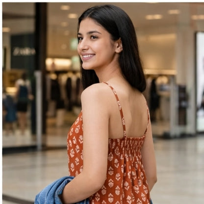 Rust orange sleeveless cotton kurti top side view for women showing relaxed fit